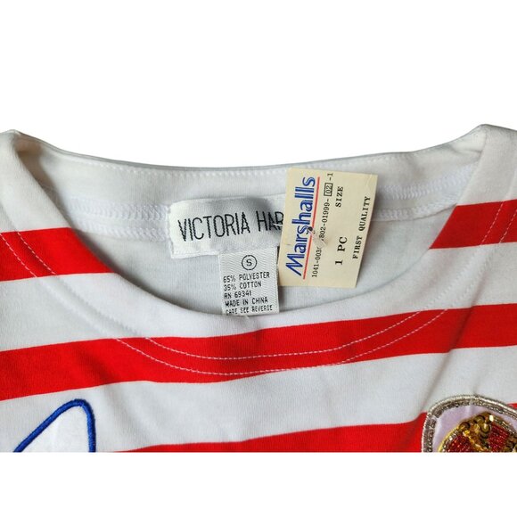 Vtg Victoria Harbour Nautical Captain Tee Beaded Embroidered Red Stripe Shirt - Picture 3 of 5
